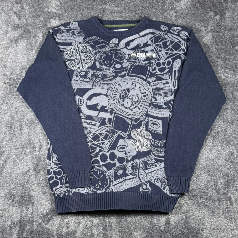 Ecko Unltd Mens 3XL Navy Blue Graphic Knit Sweater Rhinestone Hip Hop Y2K
